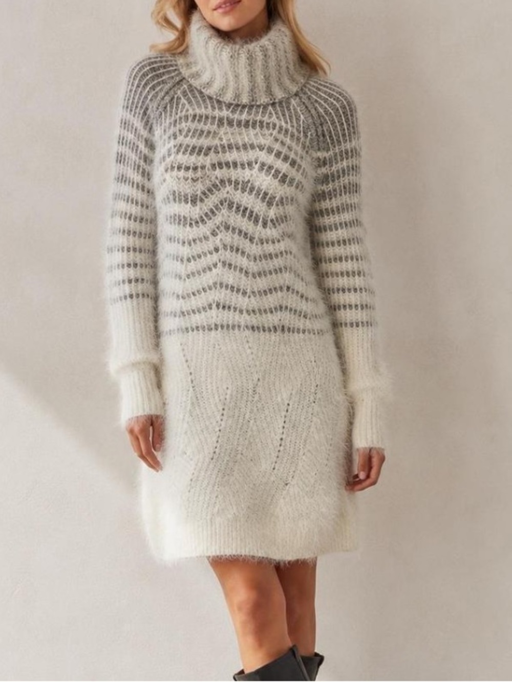 Sleeping on Snow Cozy Cream & Gray wool alpaca blend Turtleneck Sweater Dress XS